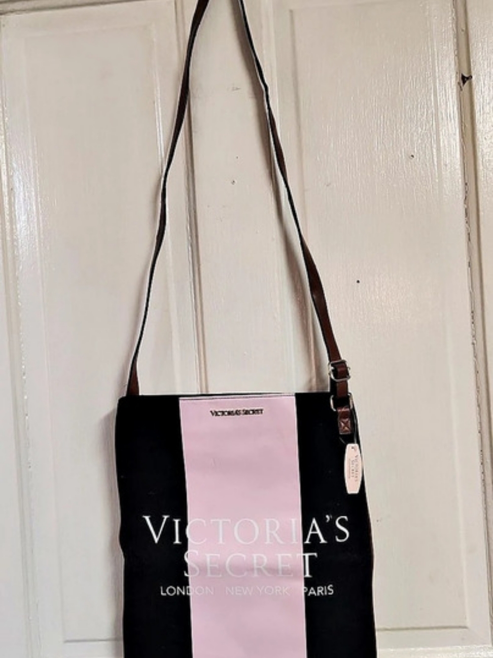NWT "Victoria's Secret London Paris" Pink Black Canvas Crossbody Messenger Bag